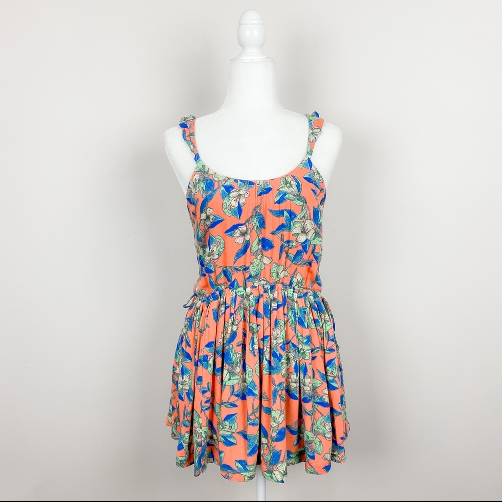 Free People Orange Floral Size XS Pleated Ruffle Strap Dear You Mini Dress